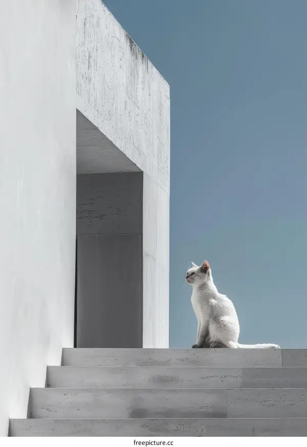 A white cat sits on a concrete structure overlooking a blue sky