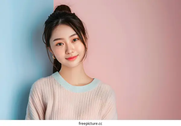 Young Asian Woman Smiling in Pink and Blue Studio Background