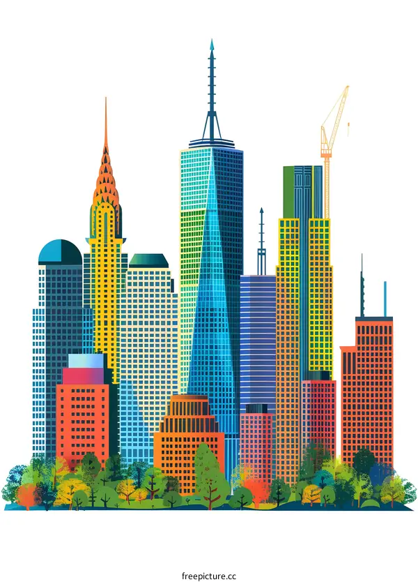 Colorful Skyline of New York City with Construction Crane