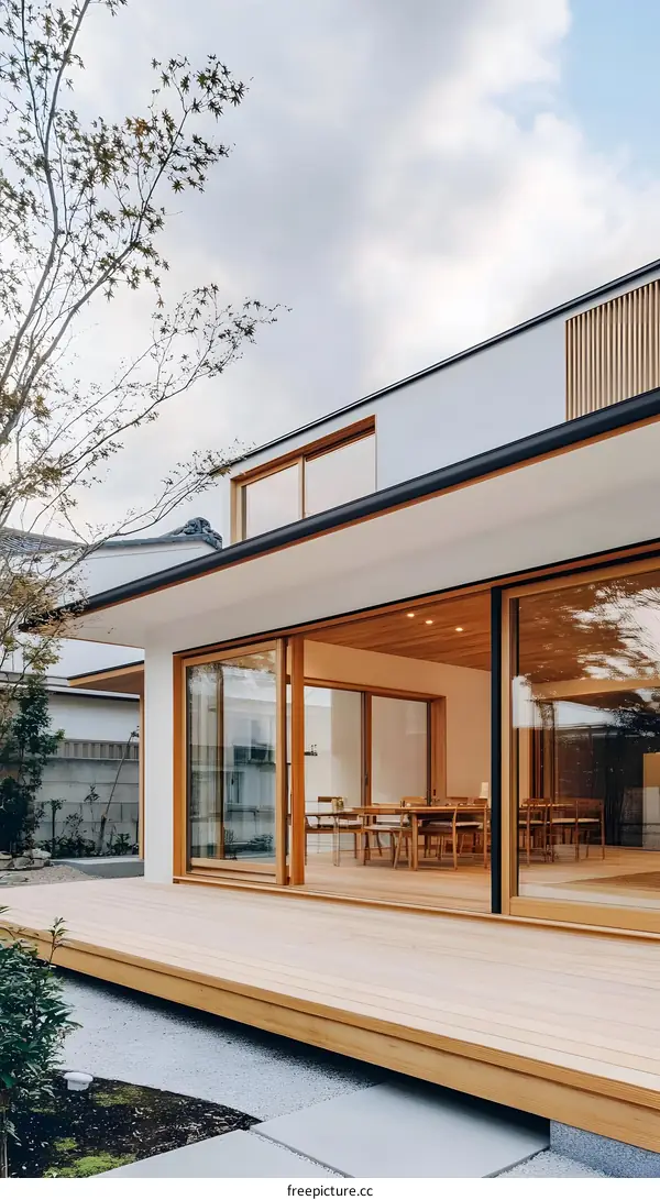 Modern Japanese House with Wooden Deck and Sliding Doors