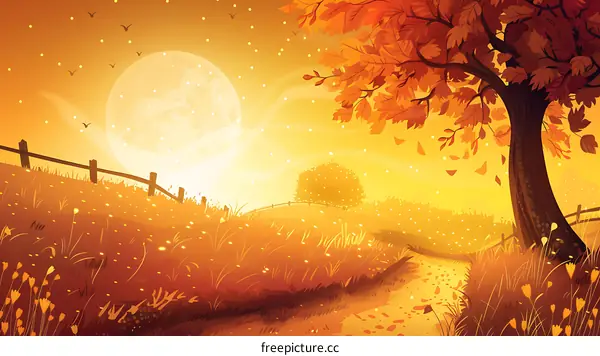 Autumn Landscape With Full Moon And Falling Leaves
