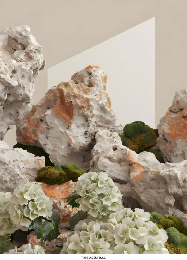 Abstract Still Life with Rocks, Flowers, and Moss