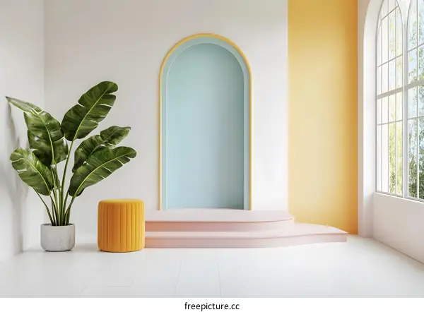 Minimalist Interior Design with Arch and Plant