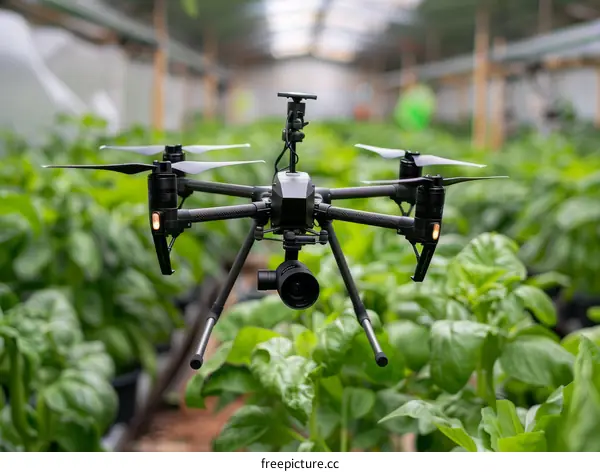A drone is flying over a field of basil plants.