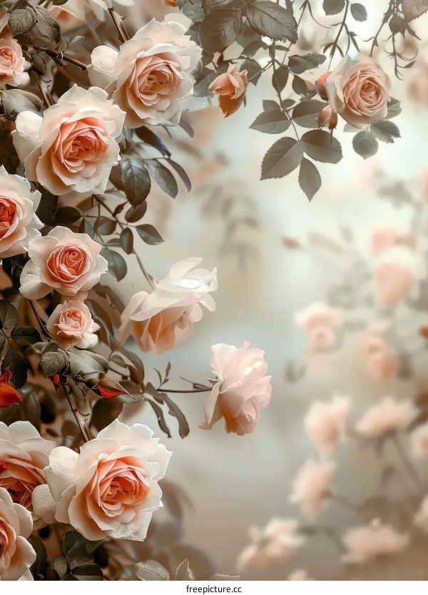 Pink roses with green leaves on a beige background