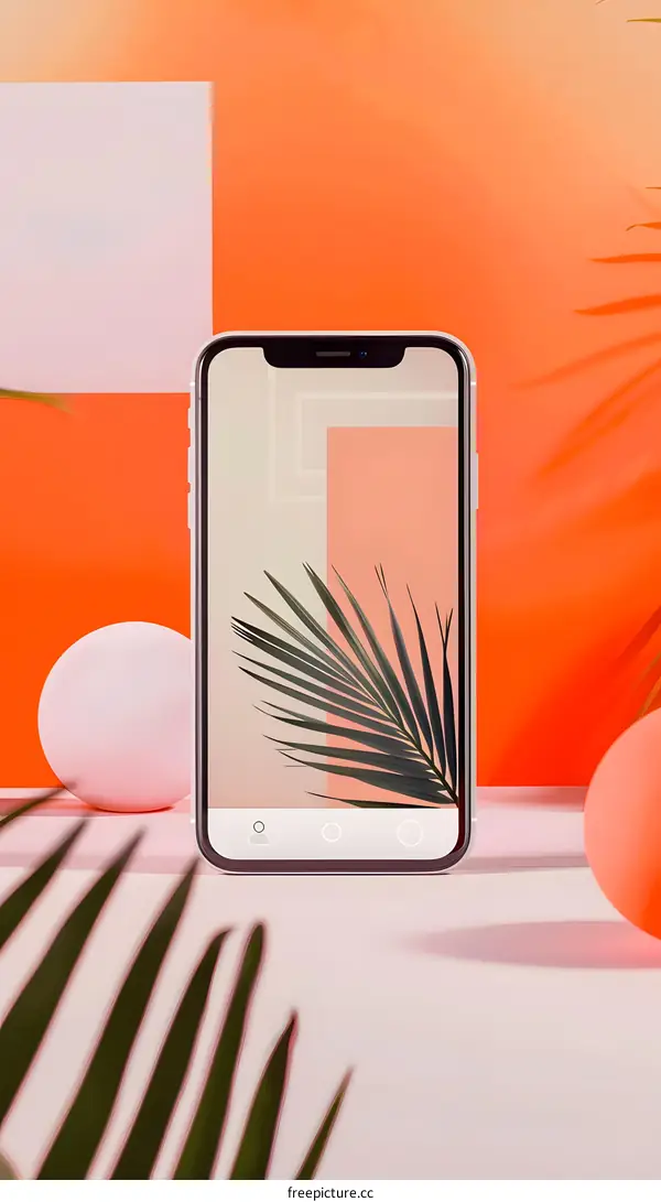 Minimalist Phone Mockup with Palm Leaf and Abstract Background