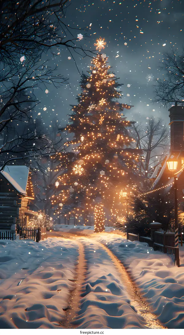 Christmas Tree in Snowy Village