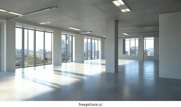 Empty Modern Office Space with City View and Large Windows