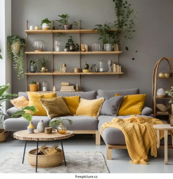 A cozy living room with a gray couch, yellow pillows, and plants on the wall