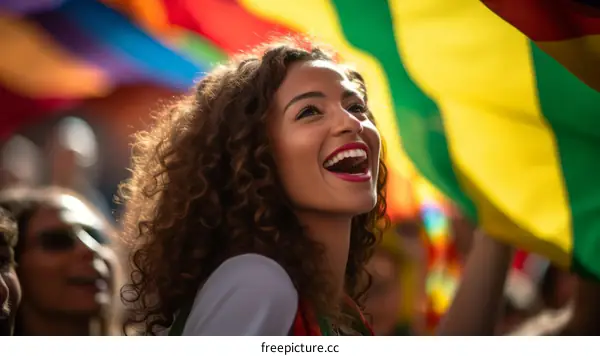 Happy woman with curly hair at a pride parade