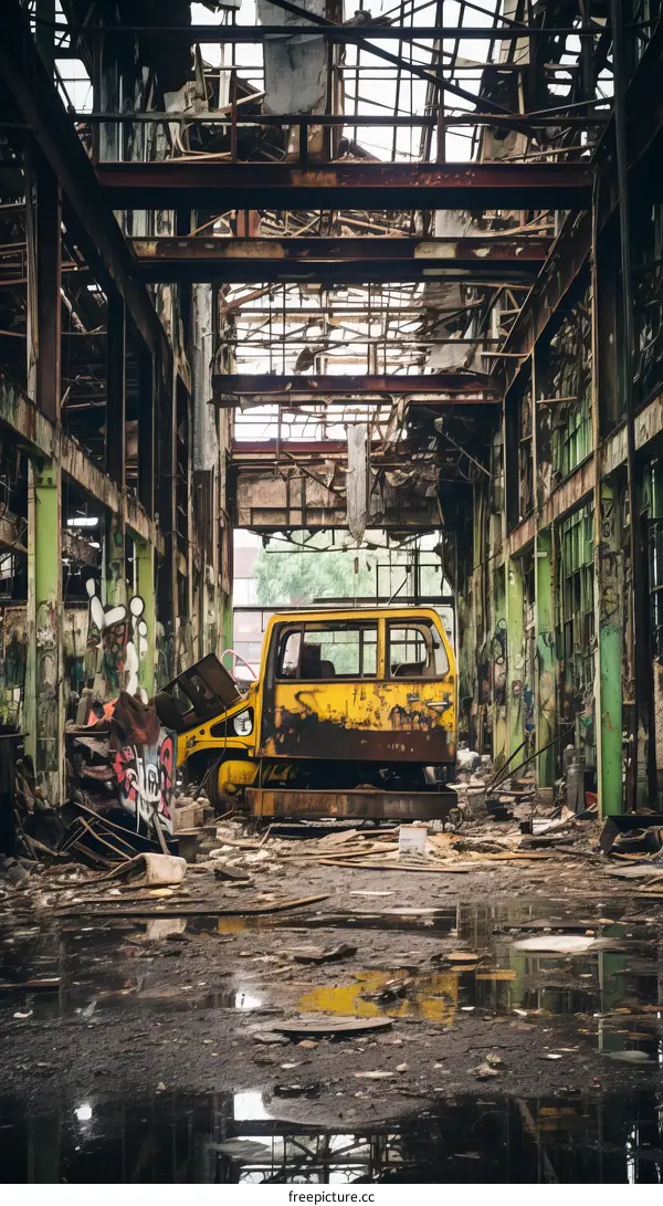 rusty yellow vehicle in abandoned factory