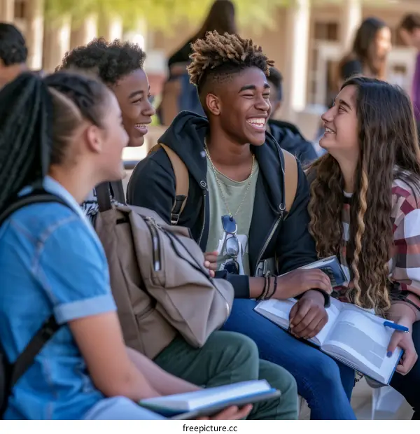 Four diverse teenage friends laughing and talking outside