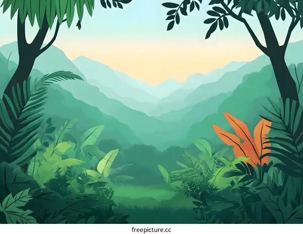 Green Jungle Landscape with Mountains in the Background