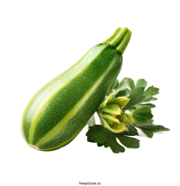 [Transparent Background PNG]Fresh Green Zucchini with Green Leaves Isolated on White