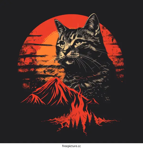 A digital painting of a cat looking over a mountain landscape with a red sun in the background