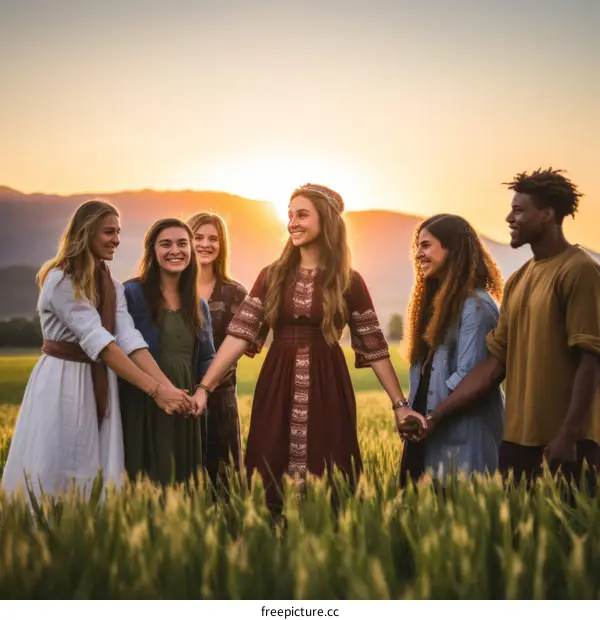 Group of multi-ethnic friends holding hands in a field of wheat at sunset