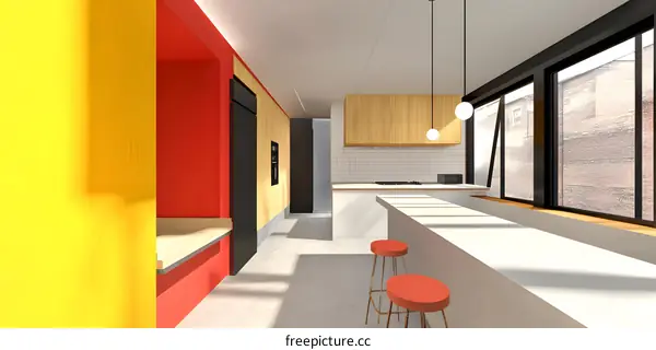 Modern Kitchen Interior Design with Yellow and Red Walls