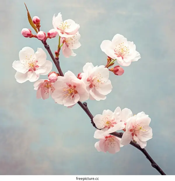 A branch of delicate cherry blossoms against a pale blue background