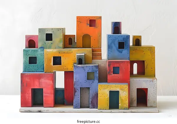 Colorful Wooden Model of a Cityscape with Windows and Doors
