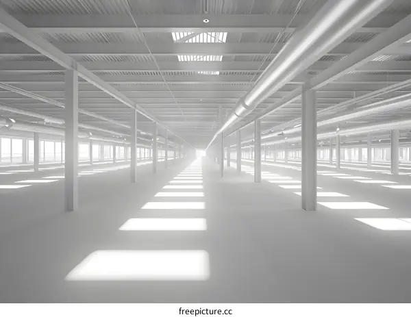 Empty Warehouse Interior Design With White Walls And Metal Beams
