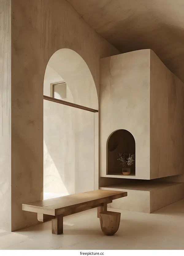 Minimalist Interior Design with Arched Walls and Wooden Bench