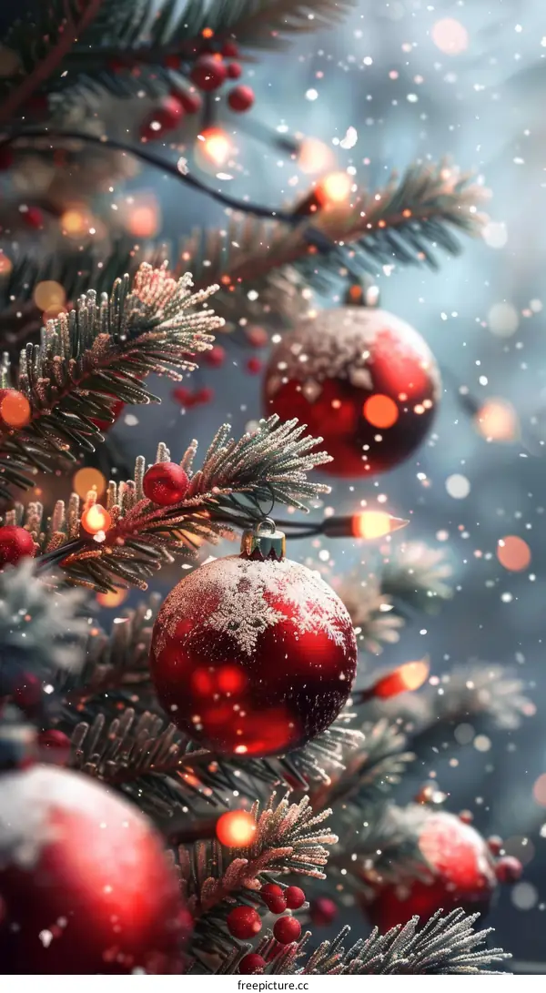 Frosted Christmas Tree Ornaments in Snowy Scene