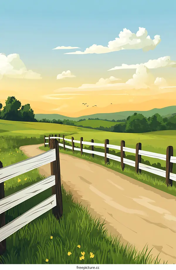 Countryside Road With Fence And Hills