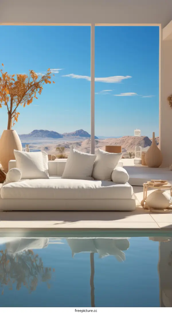 Modern Desert Home Interior with Sectional Sofa and Pool