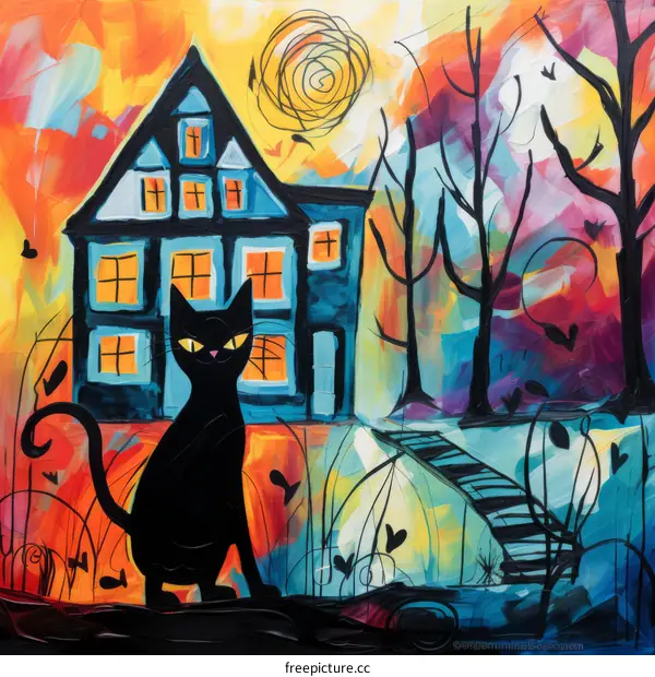 Black Cat and Blue House - Contemporary Acrylic Painting
