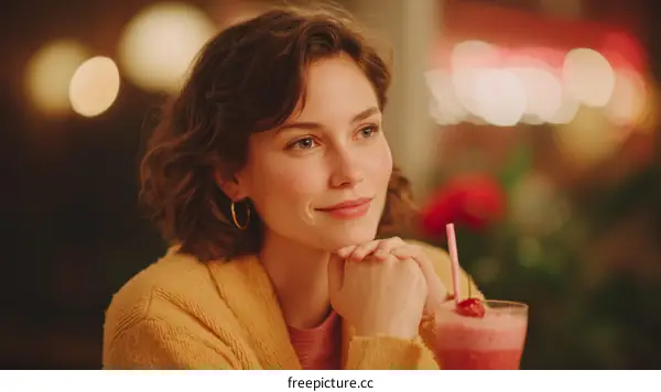 Woman enjoying a drink in a cafe at night