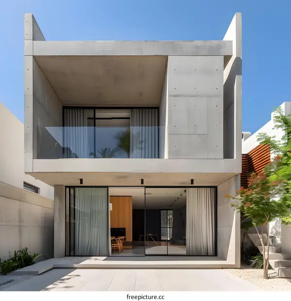 Modern Concrete House with Patio and Balcony