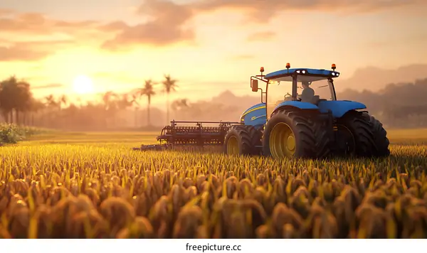 Golden Rice Field Tractor Sunrise Scene