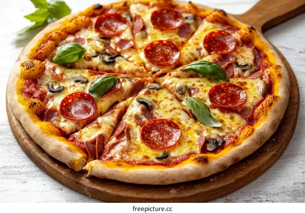 Deliciously Sliced Pepperoni Pizza on Wooden Board