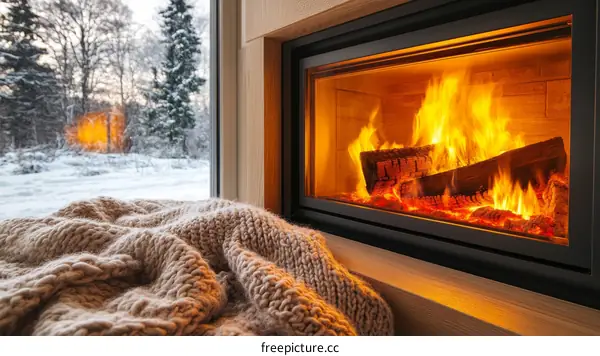 Cozy Winter Scene by the Fireplace with Snow Covered Landscape