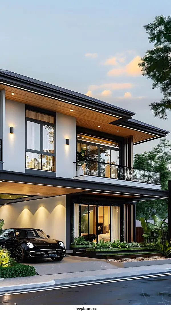 Modern House with Black Car in Front of the Garage