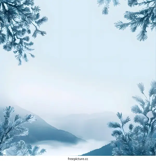 Winter Mountain Landscape with Pine Branches Border