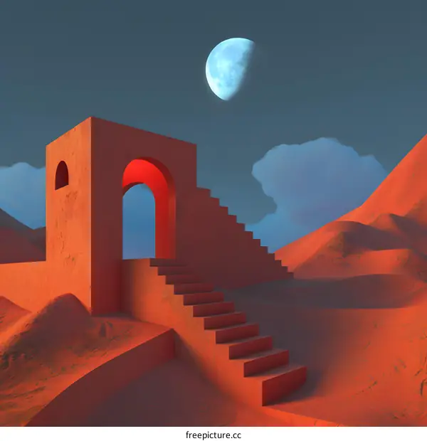 Minimalist 3D Render of a Red Archway with Stairs Leading to the Moon