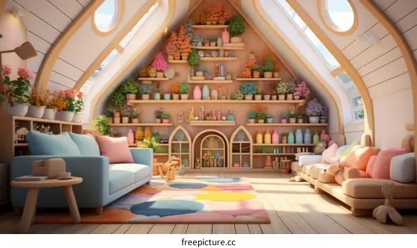 Cozy and bright attic playroom filled with toys and plants
