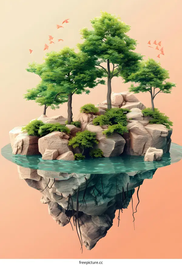 Green trees growing on rocky island floating above water