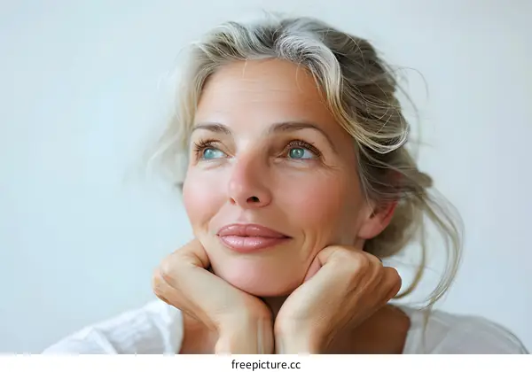 Portrait of a beautiful woman with blond hair looking up