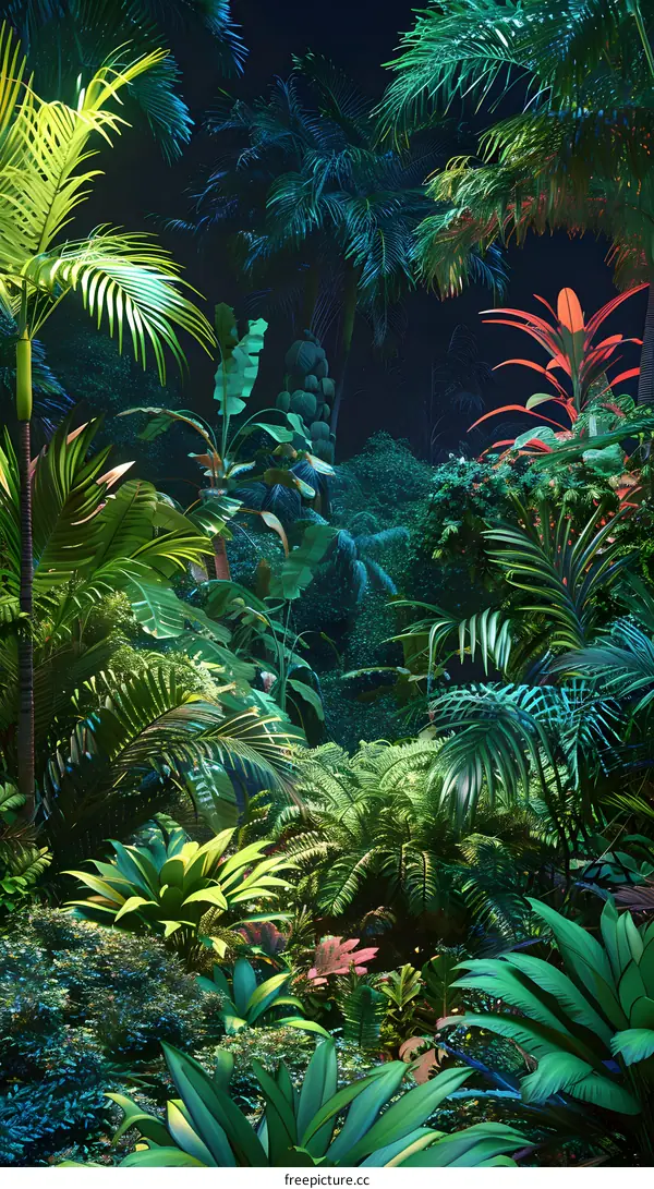 Tropical Rainforest Night with Lush Green Foliage