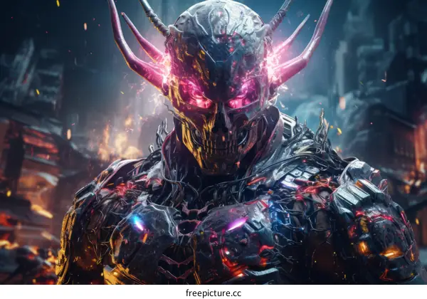 Fantasy Character Illustration of a Demon with Glowing Eyes and a Skull Face