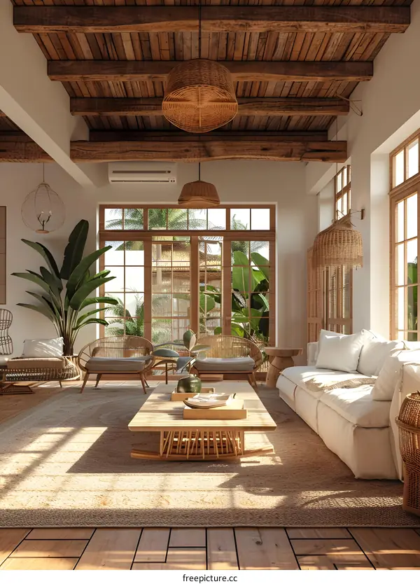 Modern bright living room interior design with natural materials