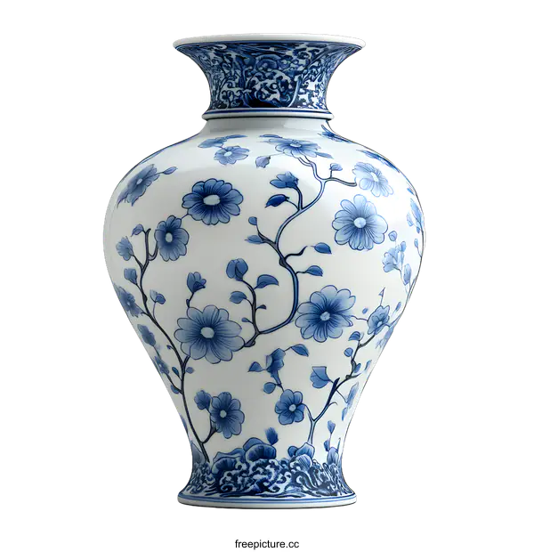 [Transparent Background PNG]Blue and White Porcelain Vase with Floral Design