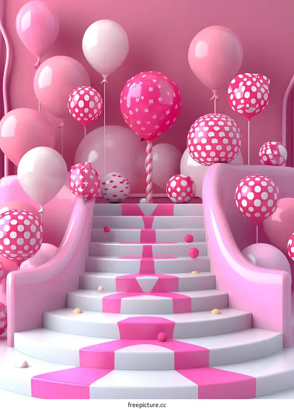 Pink Balloon and Staircase 3D Illustration