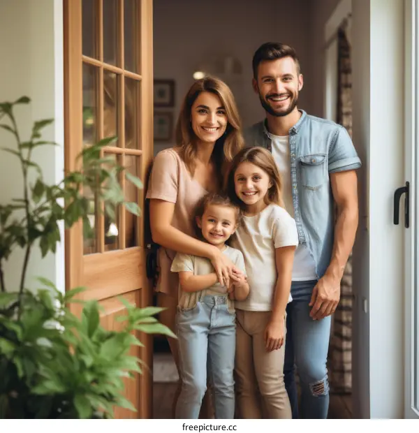Happy family of four standing in doorway of their new home
