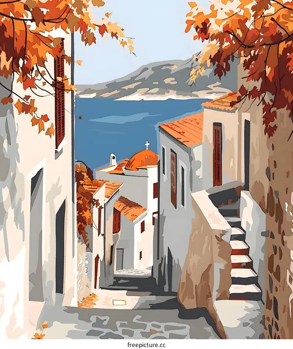Mediterranean Style Village Illustration with a Church and Sea