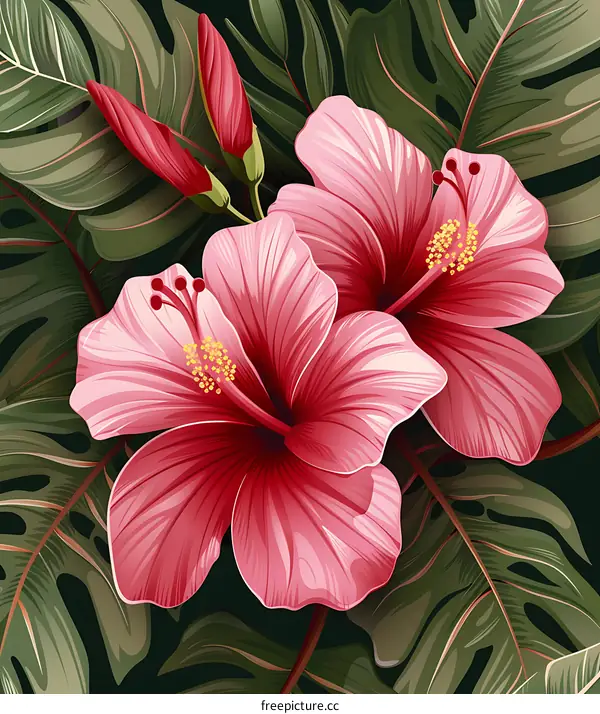Floral Illustration With Pink Hibiscus Flowers