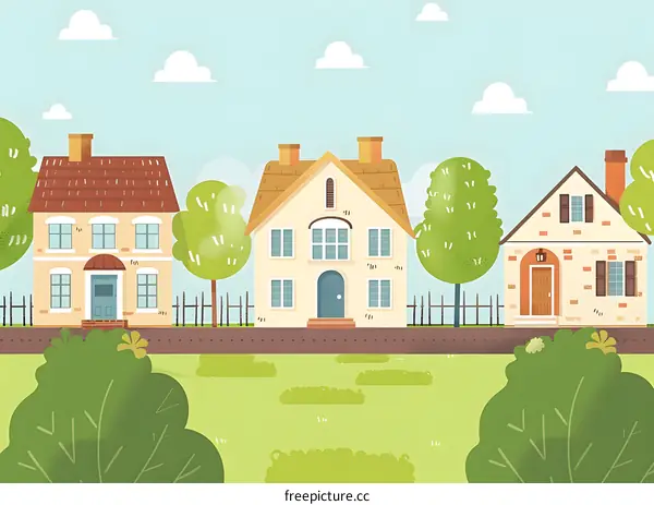 Cartoon Illustration of a  Neighborhood with Three Houses and a Fence