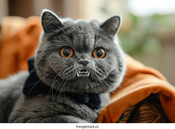 British Shorthair cat with big eyes and sharp teeth